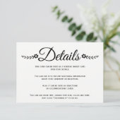 Elegante schwarze Blume Typografie Hochzeitsdetail Begleitkarte (Stehend Vorderseite)