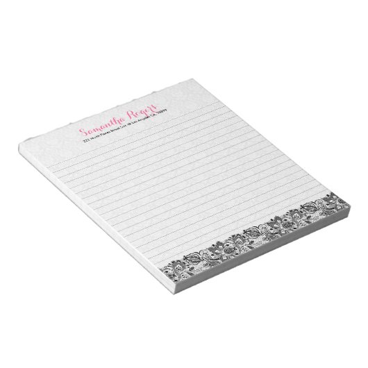 Elegante schwarze Blumenlatte und weiße Damaskus 2 Notizblock (angewinkelt)