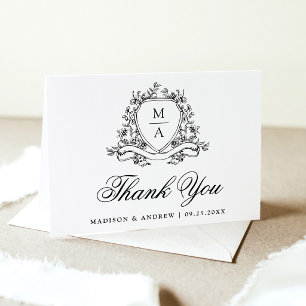 Elegante schwarze Blumenwappen-Monogramm-Hochzeit Dankeskarte