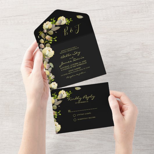 Elegante Schwarze Blüte Alles in einer Hochzeit Ei All In One Einladung (Abreißen)