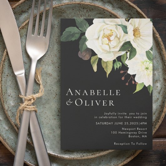 Elegante Schwarze Blütenhochzeit Einladung