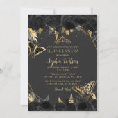 Elegante Schwarze Blütenschmetterling Quinceañera Einladung (Vorderseite)