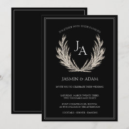 Elegante schwarze botanische Monogramm-Hochzeit Feiertagskarte