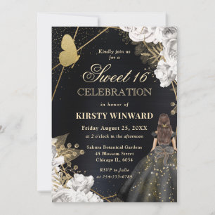 Elegante schwarze Braut im floralen Sweet 16 Stil Einladung