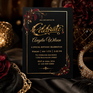 Elegante schwarze Burgunder-Gold-Geburtstagsfeier Einladung