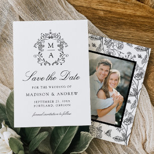 Elegante schwarze Chinoiserie-Blumen-Hochzeitsfoto Save The Date