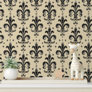 Elegante schwarze Creme Fleur de Lis Peel und Stic Tapete