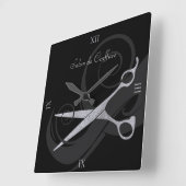 Elegante Schwarze Curls Silberschere Friseursalon Quadratische Wanduhr (Winkel)
