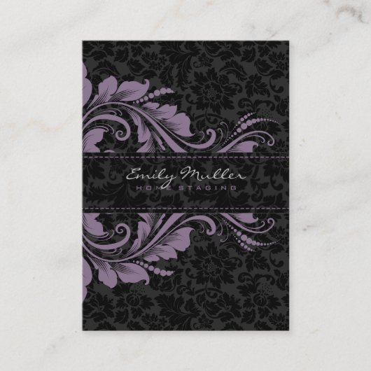 Elegante Schwarze Damasken und Lila Blumendekorati Visitenkarte (Vorderseite)