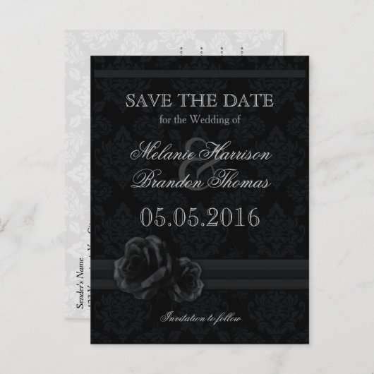 Elegante schwarze Damast Save the Date Postkarten (Vorne/Hinten)