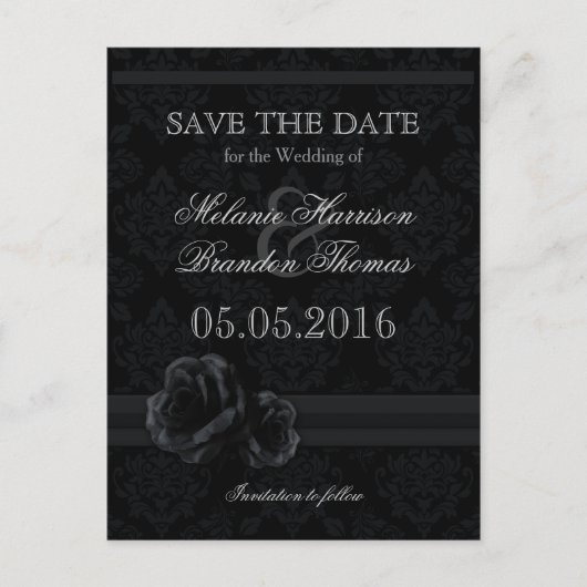 Elegante schwarze Damast Save the Date Postkarten (Vorderseite)