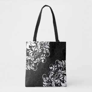 Elegante schwarze Damaststoffe & weiße Blumen-Spit Tasche