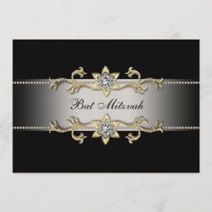 Elegante schwarze Diamant-Gold-Bat-Mitzwa-Einladun Einladung
