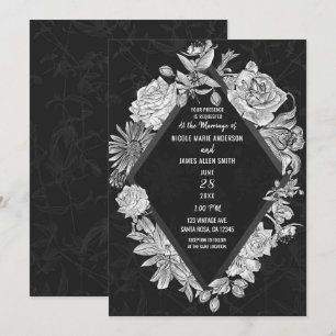 Elegante schwarze Diamant Vintage Blumen Hochzeit Einladung