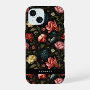 Elegante schwarze Fantasy-Blumenmuster personalisi iPhone 15 Hülle