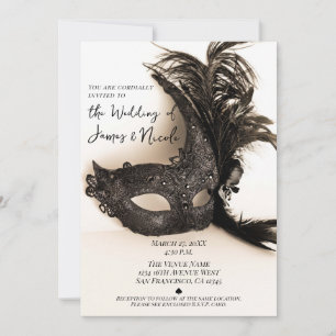 Elegante schwarze Feder-Maskenballmaske Beige Hoch Einladung