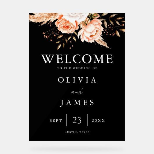 Elegante Schwarze Flora Hochzeit im Herbst Willkom Acrylschild (Vorderseite)
