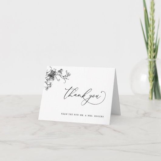 Elegante Schwarze Flora Hochzeit Vielen Dank Faltk Dankeskarte (Vorderseite)