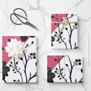 Elegante Schwarze Flora Silhouette auf Rosa und We Geschenkpapier Set