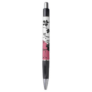 Elegante Schwarze Flora Silhouette auf Rosa und We Kugelschreiber