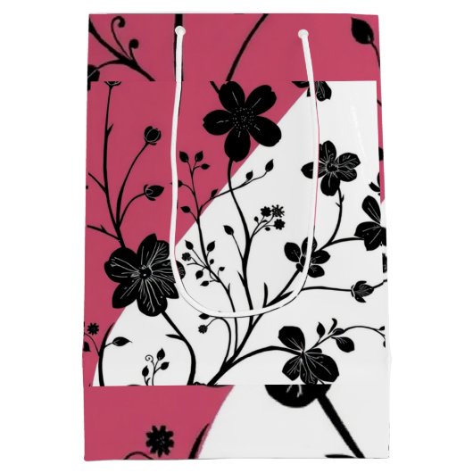 Elegante Schwarze Flora Silhouette auf Rosa und We Mittlere Geschenktüte (Rückseite)