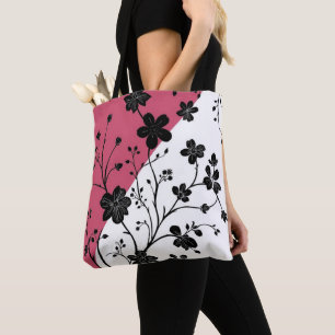 Elegante Schwarze Flora Silhouette auf Rosa und We Tasche