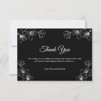 Elegante schwarze florale Linienkunst Hochzeit Dankeskarte