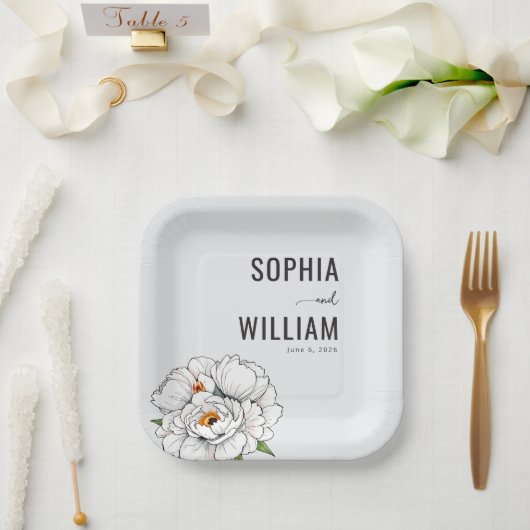 Elegante schwarze florale Päonie Pappteller (Hochzeit)
