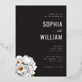 Elegante schwarze florale Pfingstrosen Folieneinladung (Vorderseite)