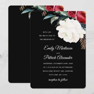 Elegante schwarze florale Weihnachtshochzeit Einladung