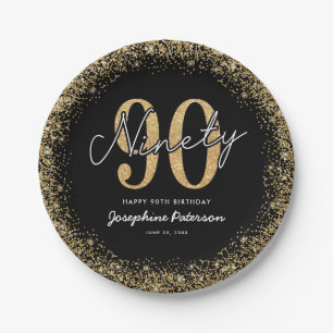 Elegante schwarze Gold 90. Geburtstag Papier Telle Pappteller