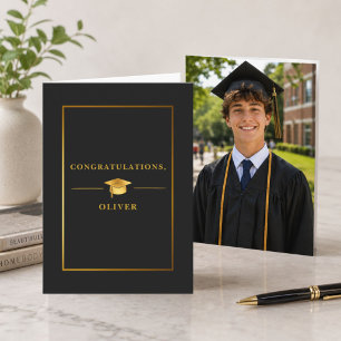Elegante schwarze Gold-Abschlussfoto Karte