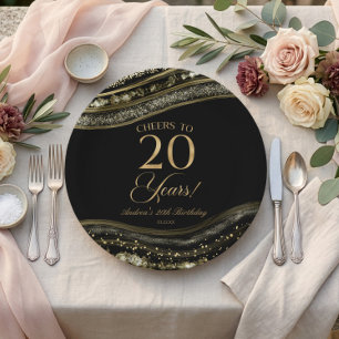 Elegante schwarze Gold-Achat-20.-Geburtstagsfeier Pappteller