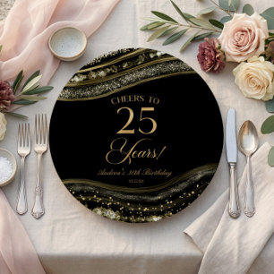 Elegante schwarze Gold-Achat 25. Geburtstagsfeier Pappteller