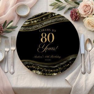 Elegante schwarze Gold-Achat-80.-Geburtstagsfeier Pappteller