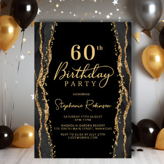 Elegante schwarze Gold-Achat-Einladung zum 60. Geb Einladung