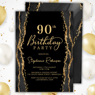 Elegante schwarze Gold-Achat-Einladung zum 90. Geb Einladung