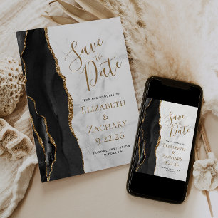 Elegante schwarze Gold-Achat-Marmor-Hochzeitseinla Save The Date