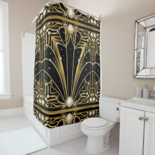 Elegante schwarze Gold Art Deco Perlen Duschvorhang