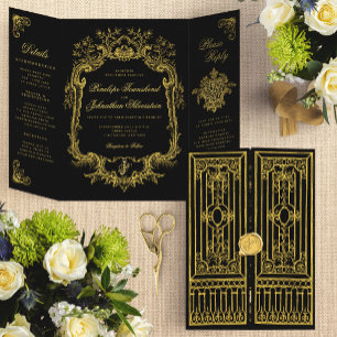 Elegante schwarze Gold-Barock-Tor-Feinmärchen-Hoch Dreifach Gefaltete Einladung