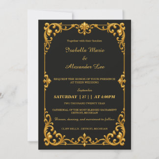 Elegante schwarze Gold-Deko-Schriftrolle Hochzeit Einladung