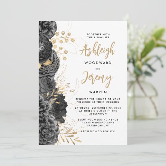 Elegante Schwarze-Gold-Flora-Hochzeit Einladung (Stehend Vorderseite)