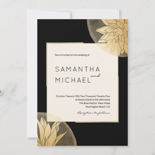 Elegante Schwarze-Gold-Flora-Hochzeit Einladung (Vorderseite)