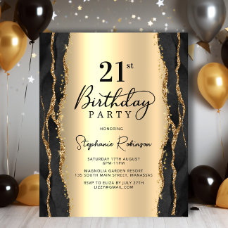 Elegante schwarze Gold-Geburtstagseinladung zum 21