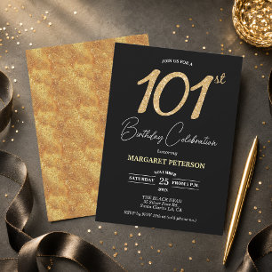 Elegante schwarze Gold-Glitter 101. Geburtstagsfei Einladung