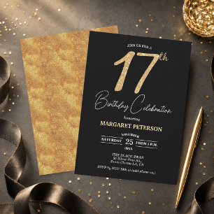 Elegante schwarze Gold-Glitter-17-Geburtstagsfeier Einladung