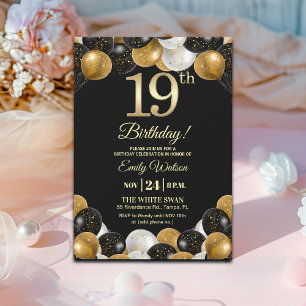 Elegante schwarze Gold-Glitter-19.-Geburtstagsfeie Einladung