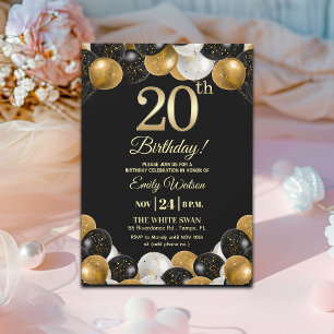 Elegante schwarze Gold-Glitter-20-Geburtstagsfeier Einladung