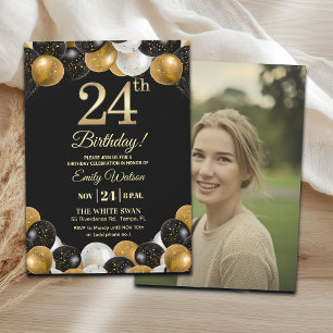 Elegante schwarze Gold-Glitter 24. Geburtstagsfoto Einladung