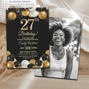 Elegante schwarze Gold-Glitter 27. Geburtstagsfoto Einladung